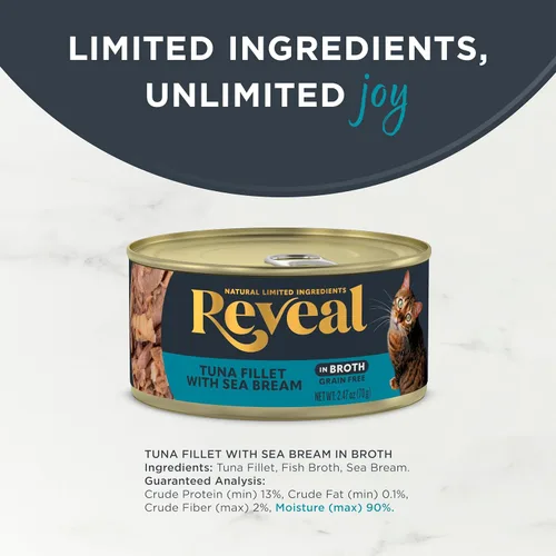 Miniatura 3 de Reveal Alimento húmedo natural para gatos, 24 unidades, sin granos, ingredientes limitados, alimentos enlatados para gatos, atún con besugo