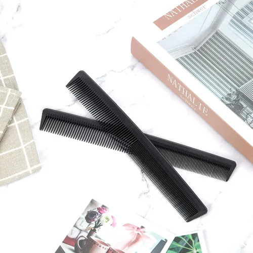 Miniatura 4 de Leinuosen Paquete de 3 peines de pelo de dientes finos y anchos, peine profesional de corte de fibra de barbero de carbono negro, herramienta