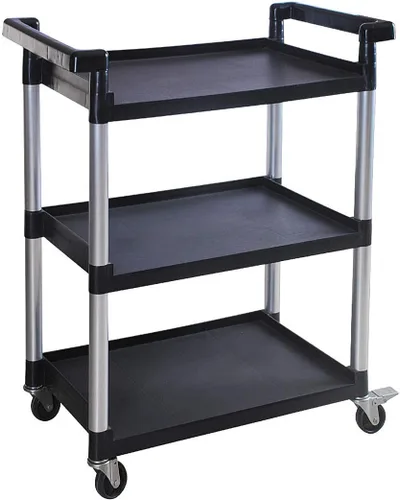 MaxWorks 80774 Carrito de plástico utilitario de 3 estantes con ruedas, capacidad máxima de 225 libras, color negro