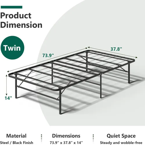 Miniatura 2 de Marco de cama plegable individual, plataforma de metal resistente con almacenamiento de 14 pulgadas, no necesita somier, fácil montaje sin