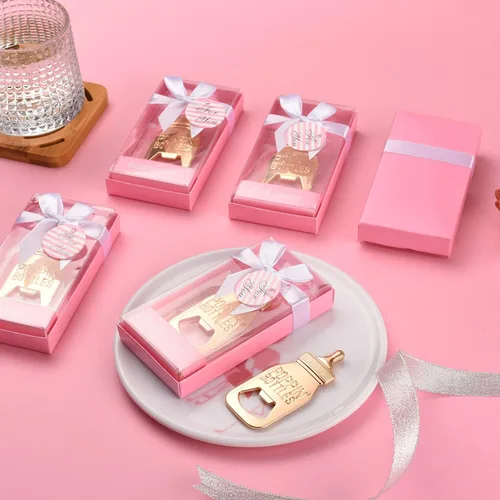 Miniatura 7 de 6 piezas de regalos de devolución de baby shower para suministros de invitados, abrebotellas con forma de poppin, recuerdo de boda con embalaje Rosa