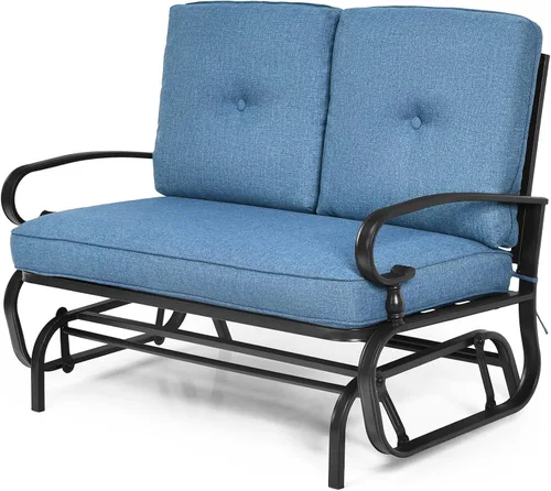Tangkula Silla mecedora para exteriores, banco planeador de patio para 2 personas, sofá biplaza mecedora para exteriores con marco de acero y Azul