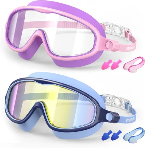 VegoVia - Paquete de 2 gafas de natación para niños, gafas de natación antivaho con protección UV, de visión amplia, para niños de 3 a 15 años, Azul