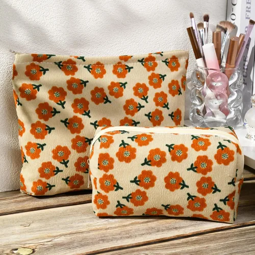 Miniatura 2 de SOIDRAM 2 piezas de bolsa de maquillaje con flores, gran bolsa de cosméticos de corduroy de gran capacidad, bolsa de lona mixta, bolsa de viaje