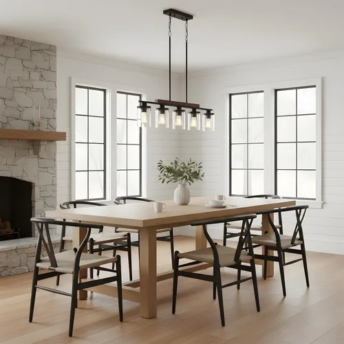 Miniatura 5 de Lámpara de Araña Lineal Moderna de Granja de 5 Luces para Isla de Cocina y Comedor – Luminaria Colgante Rústica Ajustable con Marco de Metal Negro