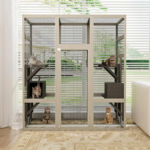 Miniatura 7 de Catio grande de 70 pulgadas para gatos al aire libre, jaula para gatos al aire libre con cubierta impermeable, plataformas de salto de madera