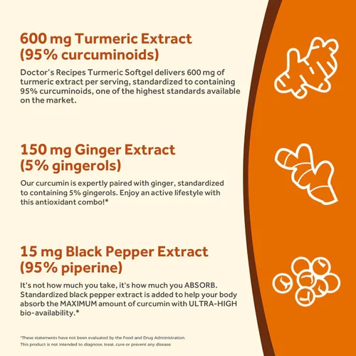 Miniatura 4 de Doctor's Recipes Cúrcuma Softgel 750mg Curcuminoides (95%) con extracto de jengibre (5% gingeroles) para función antioxidante, movilidad
