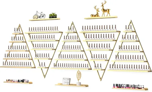 Lorvain - 10 estantes de almacenamiento de esmalte de uñas de metal para montaje en pared, 5 niveles, color dorado, triangular, vitrinas de