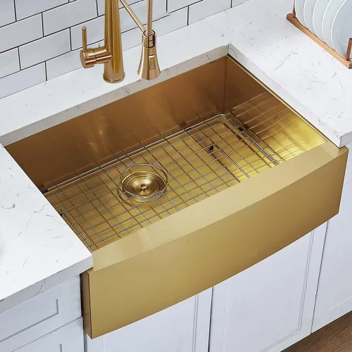 Miniatura 2 de HOTIS Gold Fregadero de Granja, Fregadero de Cocina de 30 Pulgadas Dorado, Delantal Plano Delantero Bajo Montaje Fregadero de Granja, Fregadero