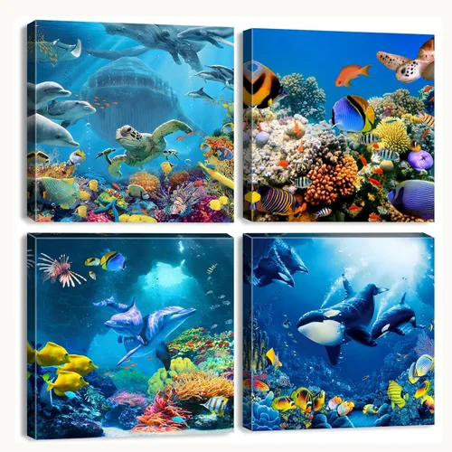 Miniatura 7 de YOOOAHU - 4 unidades de arte de pared de impresión en lienzo con diseño de océano, animales marinos, tortuga marina, caballito de mar, ballena, Verde