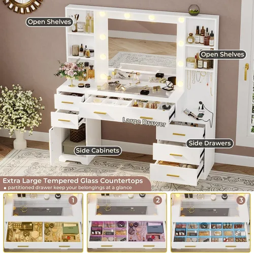 Miniatura 2 de Hasuit Juego de tocador grande de 48.8'' con espejo iluminado y toma de corriente, mesa de maquillaje blanca con 6 cajones, 4 estantes y 1 gabinete