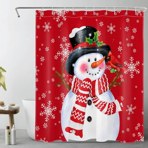 Miniatura 8 de LB Cortina de ducha de muñeco de nieve azul para baño, árbol de Navidad y copo de nieve en invierno con ganchos, juego de cortina de baño