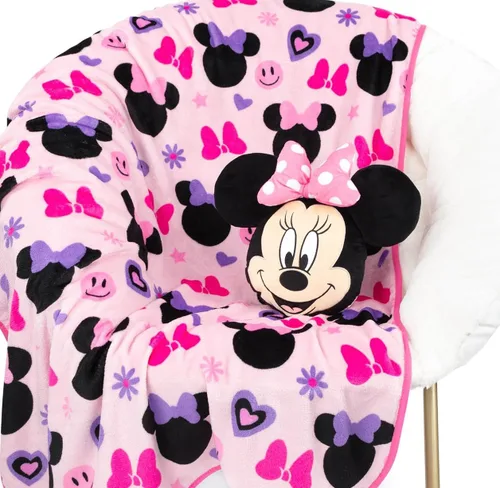 Jay Franco Juego de cobija y almohada Disney Minnie Mouse Nogginz - 40 x 50 pulgadas, manta ligera de viaje de 2 piezas para niños, ropa de cama