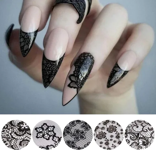 Miniatura 4 de 10 rollos de calcomanías holográficas retro de transferencia de láminas láser de encaje negro, suministros de arte de uñas, diseños de papel