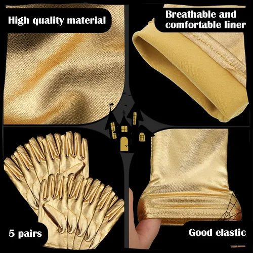 Miniatura 3 de Jiuguva 5 pares de guantes metálicos para disfraz de Halloween, cortos, brillantes, de princesa, elásticos, para mujeres, niños, fiesta, Halloween