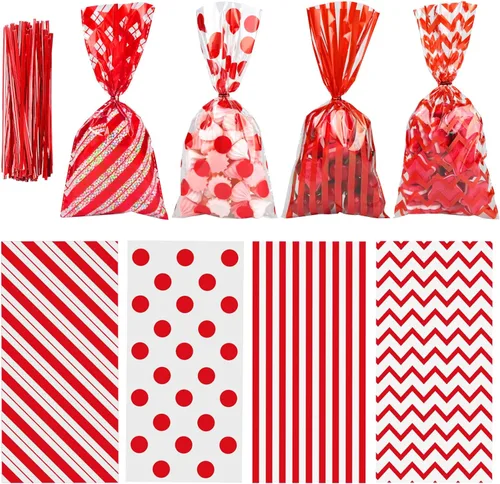 Miniatura 8 de Aneco Paquete de 100 bolsas de celofán arcoíris de 10.6 x 5.1 pulgadas, bolsas de plástico para dulces, bolsas de regalo, bolsas de regalo con lazos