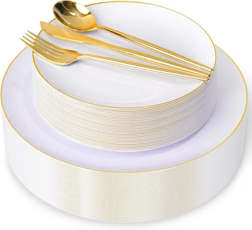 Miniatura 7 de I00000 150 PIEZAS Platos Desechables Dorados Cubiertos, Juego de Vajilla con Purpurina Dorada Incluye 25 Platos de Cena 10.25'', 25 Platos de Postre