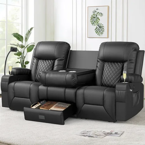 Miniatura 13 de FURNIMAT Sofá reclinable biplaza, sofá reclinable doble de 3 plazas con consola abatible, moderno sofá biplaza de cuero PU para sala de estar/casa