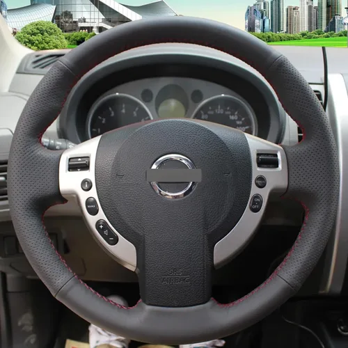 Miniatura 2 de Funda de volante de cuero negro para Nissan X-Trail 2007-2013, funda antideslizante para volante de automóvil