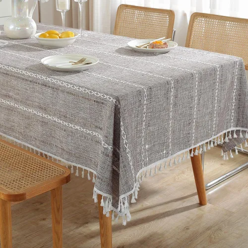 Miniatura 2 de meioro Mantel rústico, mantel rectangular de algodón texturizado de lino con borla, mantel de tela resistente para granja con bordado de rayas