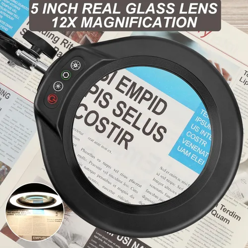 Miniatura 3 de VEEMAGNI Lupa grande de cristal real de 12 x 5 pulgadas con luz y soporte, 5 modos de color regulable, brazo giratorio largo LED abrazadera lámpara