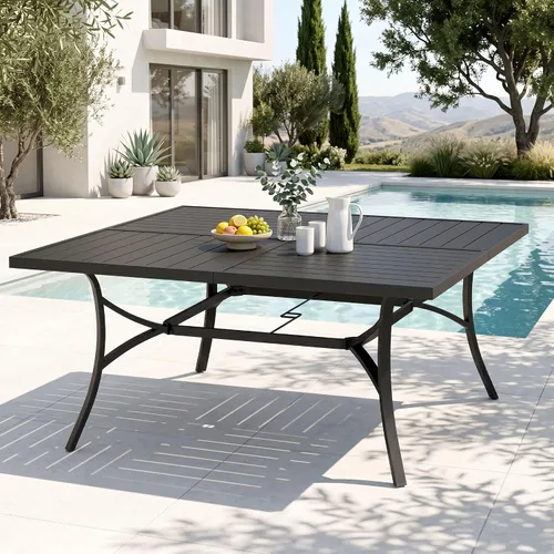 Miniatura 13 de PHI VILLA Mesa de comedor para exteriores de 37 pulgadas, con listones de acero metálico, mesa de comedor cuadrada para patio con agujero para Negro