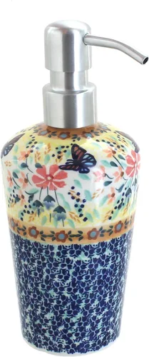 Miniatura 20 de Cerámica polaca de rosa azul, dispensador de jabón de margaritas azules, 6.75 pulgadas de alto, accesorio de baño de cerámica polaca pintado a mano