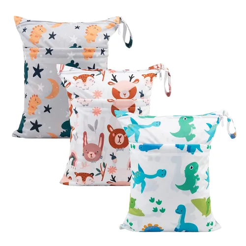 Miniatura 33 de babygoal Bolsas para artículos húmedos y secos, paquete de 3, bolsas de viaje reutilizables impermeables para trajes de baño, pañales de tela