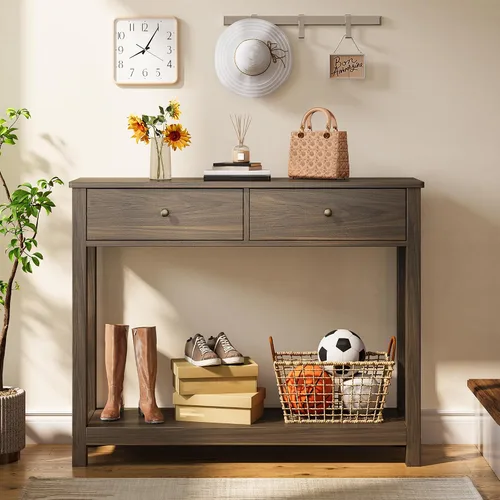 Gizoon - Mesa de consola con 2 cajones, mesa de entrada de 2 niveles de madera con estantes de almacenamiento, mesa de sofá de 39" de ancho con