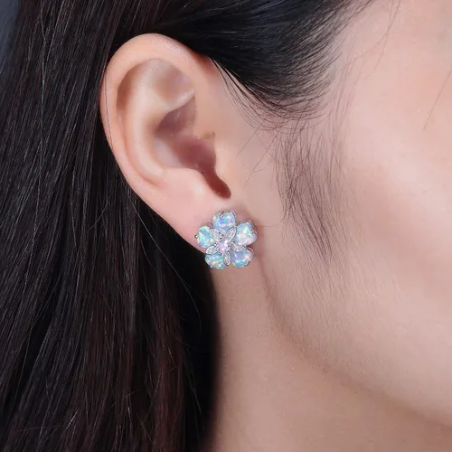 Miniatura 4 de CiNily Aretes tipo dormilona de ópalo con flores para mujer, chapados en rodio, hipoalergénicos, grandes piedras preciosas de 1932 pulgadas