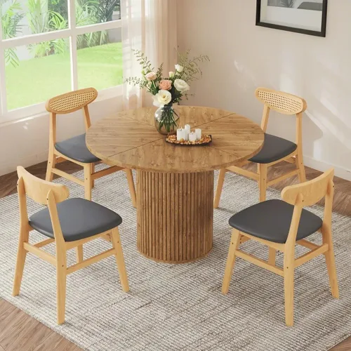 Miniatura 20 de Mesa de comedor redonda para 4-6, mesa de comedor negra con tablero de madera de 42'' y base de pedestal cilíndrico, mesa de cena redonda