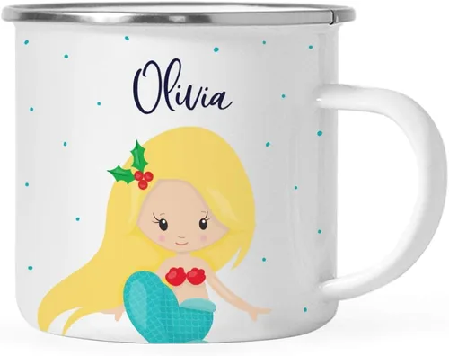 Miniatura 13 de Andaz Press Taza de café de acero inoxidable con nombre personalizado de 11 onzas para niños, diseño de sirena festiva, 1 paquete, taza de Navidad