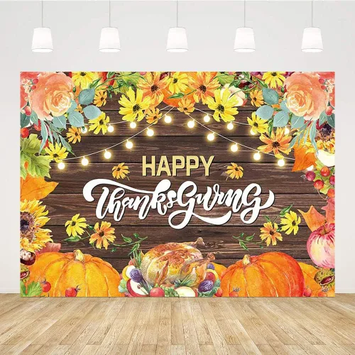 Miniatura 2 de Sendy Telón de fondo de Feliz Acción de Gracias de 7 x 5 pies, calabazas de otoño, pavo, fondo de fotografía de madera rústica, hojas de arce