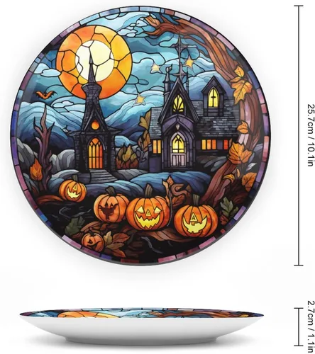 Miniatura 2 de Platos decorativos de Halloween, diseño de casa embrujada, escena nocturna, vitral, placa de cena de cerámica para el hogar con soporte de Escena