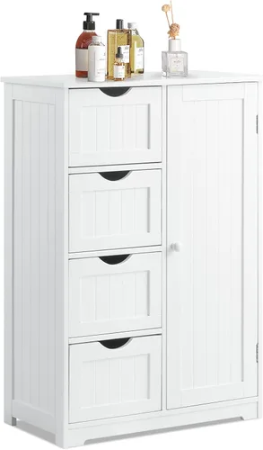 Miniatura 11 de COSTWAY Armario de almacenamiento de baño, organizador de almacenamiento de madera con 4 cajones profundos y estante ajustable, gabinete de piso