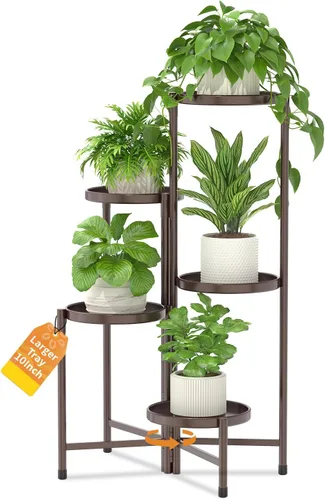 Miniatura 11 de LASZOLA Soporte plegable para plantas de interior de 7 niveles para múltiples macetas grandes, estante ajustable alto y resistente con bandeja de 10