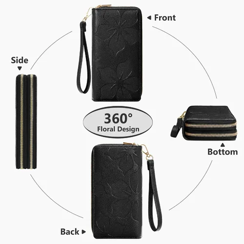 Miniatura 5 de Espera Cartera de mujer con bloqueo RFID de gran capacidad, tarjetero con doble cremallera, de cuero, con cartera para mujer con correa