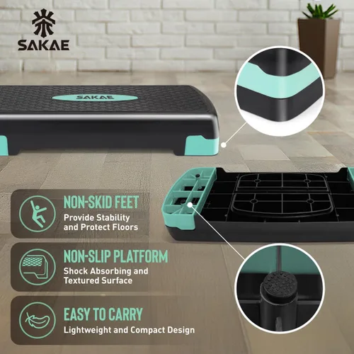 Miniatura 2 de SAKAE Set de Plataforma de Step Aeróbicos con Kettlebell y Cinta Métrica, Steps Aeróbicos para Ejercicio en Casa, Altura Ajustable 2 Niveles de Verde