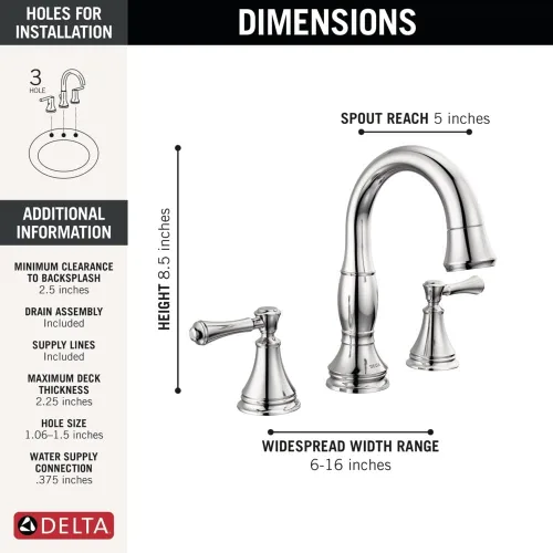 Miniatura 3 de Delta Faucet Cassidy - Grifo de baño con rociador desplegable, grifo de baño extraíble, grifo de baño cromado de instalación extendida de 3 agujeros