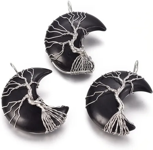 Miniatura 10 de Beadthoven - Dijes de árbol de la vida con luna creciente, dijes de piedra de amatista, colgantes de piedras naturales envueltas en alambre, dijes