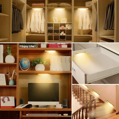 Miniatura 5 de [Versión mejorada] 10 luces LED de armario recargables por USB con sensor de movimiento, 3 modos de luz (G, encendido y apagado), carcasa de Luz