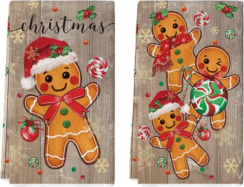 Miniatura 7 de Artoid Mode Juego de 2 toallas de cocina de Navidad con caramelo de jengibre, 18 x 26 pulgadas, bola de Navidad, decoración de invierno, toallas