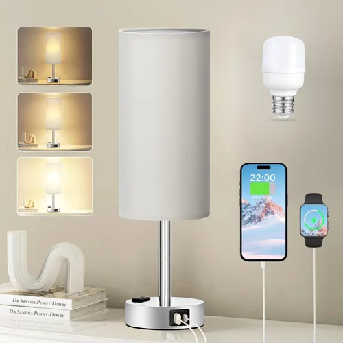 Miniatura 24 de Fenmzee Juego de lámparas de mesa pequeñas táctiles regulables de 2 a 3 vías, carga USB A + C, salida de CA, base de grano de madera, bombillas