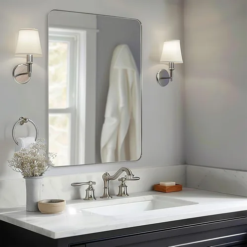 Miniatura 16 de ANDY STAR Espejo cromado para baño, espejo de pared con marco de metal de 22 x 30 pulgadas, espejo rectangular de acero inoxidable con esquina
