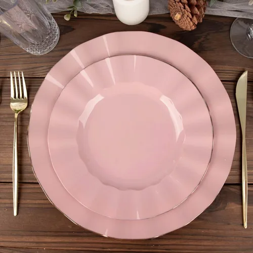 Miniatura 69 de Tableclothsfactory Paquete de 10 platos redondos de plástico negro de 6 pulgadas para ensalada de postre, platos desechables con borde ondulado