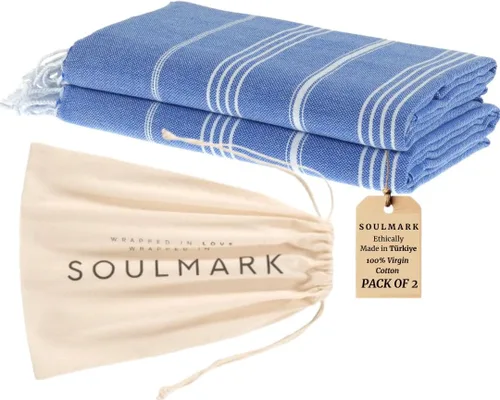 SOULMARK Toalla de playa turca 100% algodón con bolsa - 38"x71" - Paquete de 2 - Made in Green y Oeko TEX certificada - Prelavada y libre de arena -