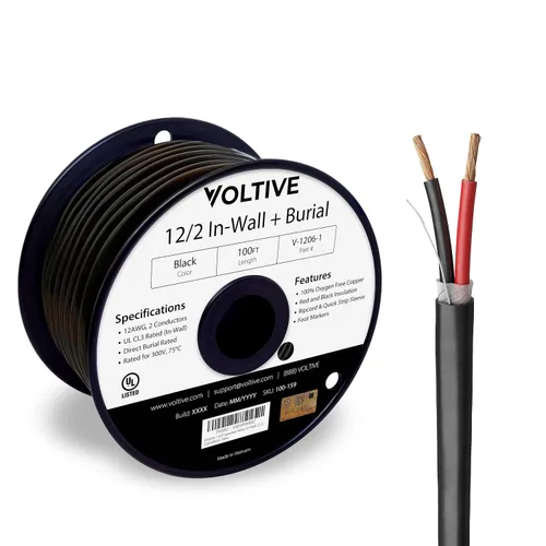 Miniatura 35 de Voltive Cable de altavoz 10/2, CL3 en pared y entierro directo, negro, 100 pies - 10 AWG, 2 conductores, cobre trenzado sin oxígeno, listado UL