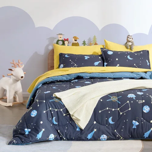 SLEEP ZONE Juego de edredón para niños, tamaño individual, súper lindo, suave, para niños, cama en una bolsa, 5 piezas con edredón, sábana, funda de