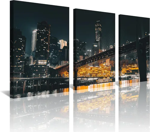 Miniatura 33 de NAN Wind Detroit Skyline - Lienzo decorativo para pared, paisaje urbano, escena nocturna, impresión artística de ciudad en blanco y negro sobre