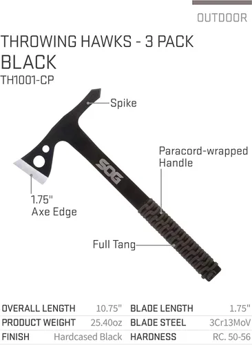 Miniatura 3 de SOG Specialty Knives & Tools Throwing Hawks - Paquete de 3 cuchillos arrojadizos de acero de una pieza con funda de transporte de nailon